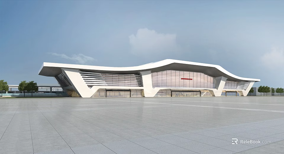 Modern Train Station Exterior With Wavy Roof Large Glass Windows And Spacious Square 3d model 