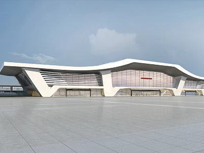 Modern Train Station Exterior With Wavy Roof Large Glass Windows And Spacious Square 3d model