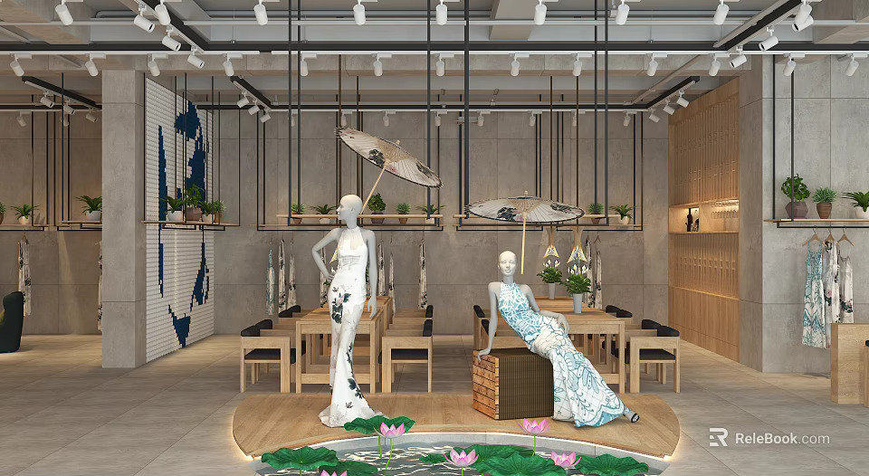 Qipao Themed Clothing Store Interior Featuring Mannequins Wooden Tables Ceiling Lights And Lotus Pattern Floor 3d model 