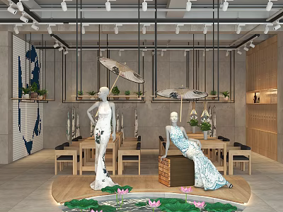 Qipao Themed Clothing Store Interior Featuring Mannequins Wooden Tables Ceiling Lights And Lotus Pattern Floor 3d model