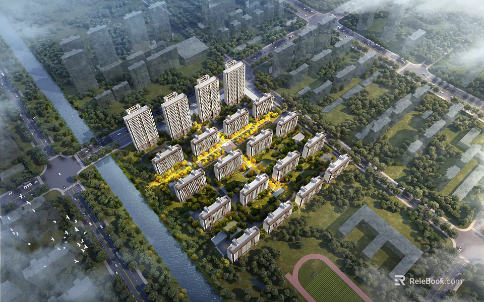 Aerial Planning for Residential Community with High Rise Buildings Low Rise Structures River Green Spaces 3d model 