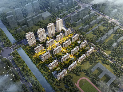 Aerial Planning for Residential Community with High Rise Buildings Low Rise Structures River Green Spaces 3d model