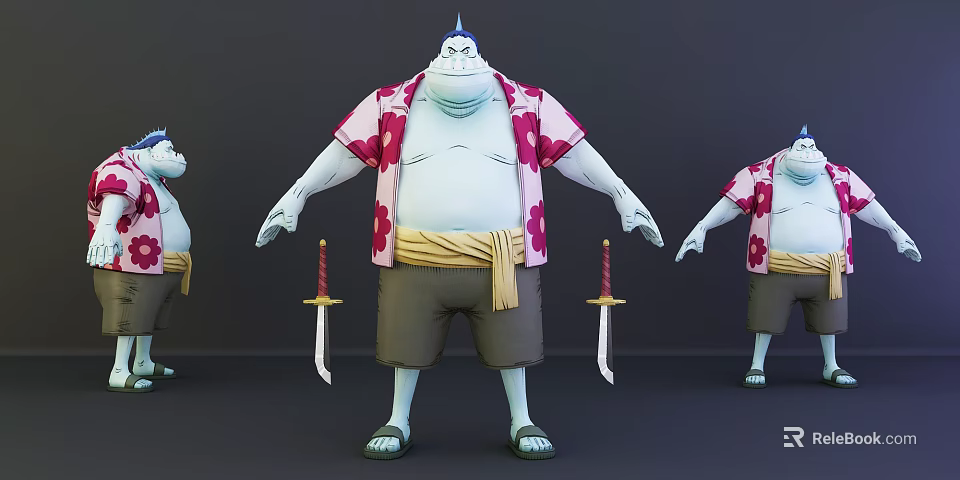 Anime Game Character Design With Blue Skin Floral Shirt Yellow Sash And Swords 3d model 