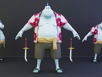 Anime Game Character Design With Blue Skin Floral Shirt Yellow Sash And Swords 3d model