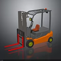Orange and Gray Forklift with Red Forks Yellow Wheels Cab Top Guardrail and Warning Light