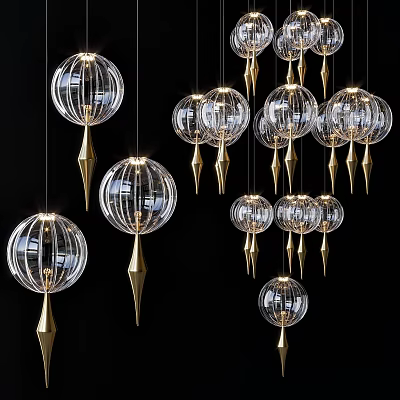 Modern Transparent Glass Spherical Chandeliers With Golden Decorative Accents And Hanging Design 3d model