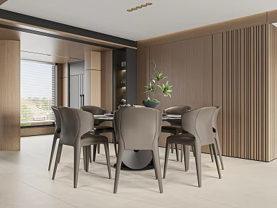 Modern Restaurant Interior Featuring Round Dining Table Beige Chairs Wooden Walls And Plant Decor 3d model