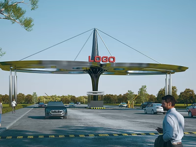 Modern Entrance Gate With Canopy Structure Logo Sign And Cars Passing Through 3d model