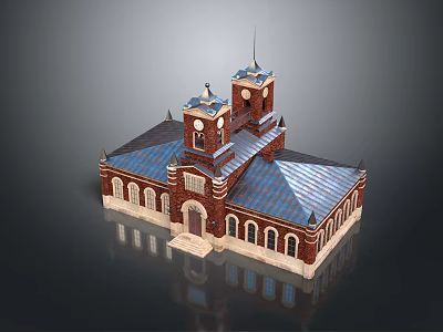 Classical Red Brick Building Featuring Blue Roof Twin Clock Towers Arched Windows And Entrance Steps 3d model