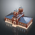 Classical Red Brick Building Featuring Blue Roof Twin Clock Towers Arched Windows And Entrance Steps