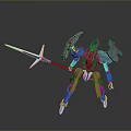 Game And Movie Character Mechanical Robot With Spear And Complex Armor In Dynamic Combat Stance