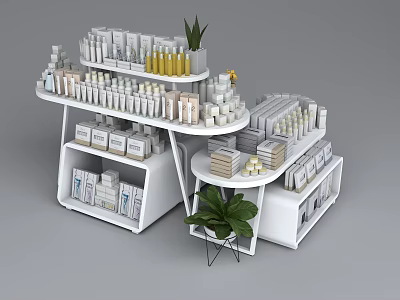 Multiple Layered Display Shelves with Skincare Cosmetics Bottles Boxes and Green Plants 3d model