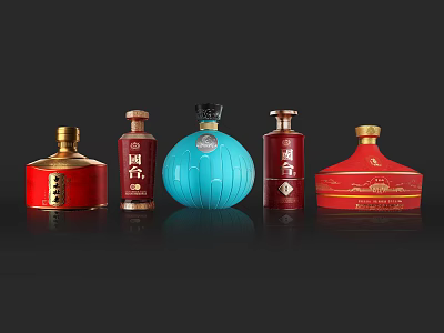 Various Wine Bottles And Glasses With Red Blue Colors And Chinese Labels On Dark Background 3d model