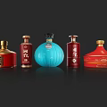 Various Wine Bottles And Glasses With Red Blue Colors And Chinese Labels On Dark Background
