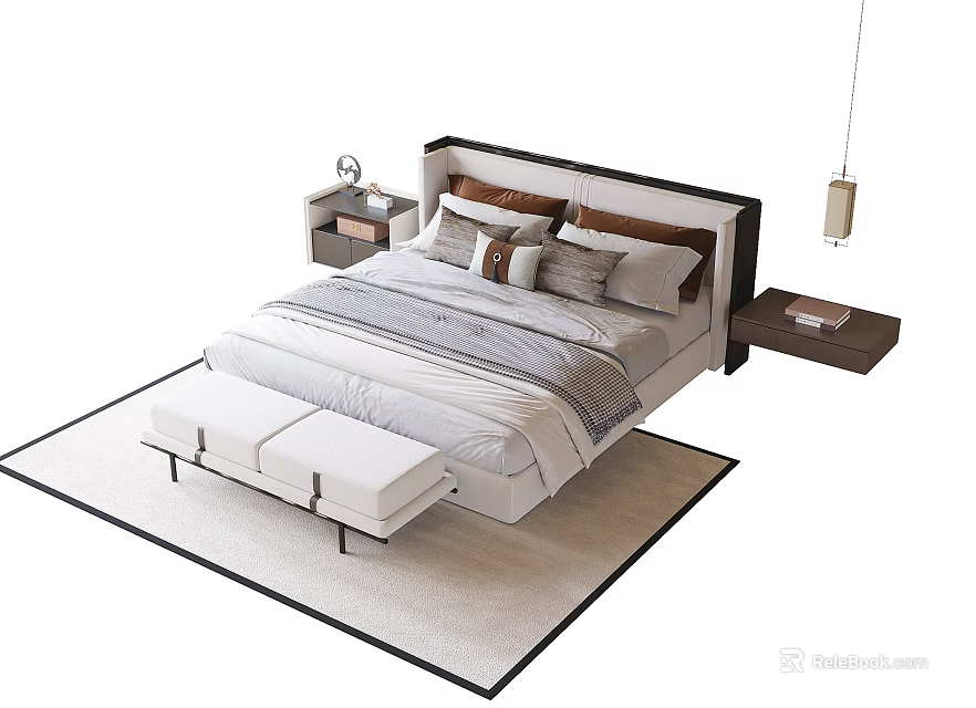 Modern Double Bed With Striped Bedding Bedside Table Bench And Area Rug 3d model