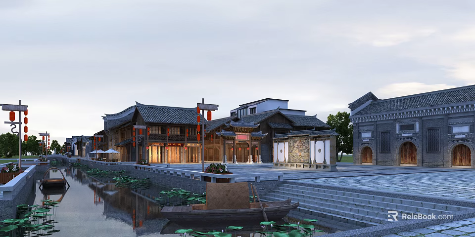 Traditional Ancient Architecture Riverside Scene With Stone Path Boats And Lanterns 3d model 