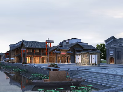 Traditional Ancient Architecture Riverside Scene With Stone Path Boats And Lanterns 3d model