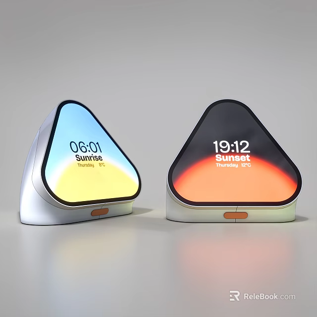 Modern Triangular Smart Clocks Showing Time And Date With Colorful Backlight And Sleek Metal Base 3d model
