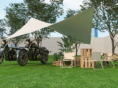Garden Landscape With Green Lawn Trees White Canopy And Wooden Crate Chairs 3d model