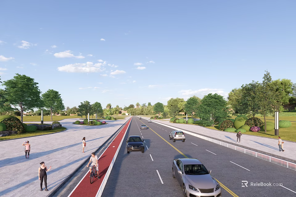 Urban Municipal Road with Traffic Lanes Bicycle Path and Green Trees for Pedestrians 3d model 