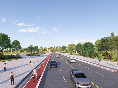 Urban Municipal Road with Traffic Lanes Bicycle Path and Green Trees for Pedestrians 3d model