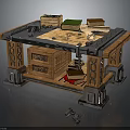 Rustic Wooden Desk With Metal Decorations Drawers Scrolls Books And Vintage Map