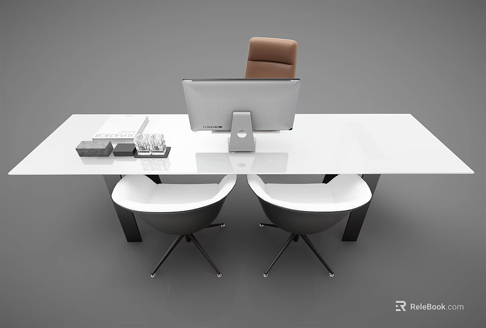 Modern White Office Desk With Computer Monitor Brown Chair And White Chairs 3d model 