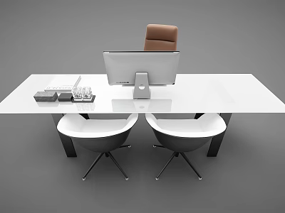 Modern White Office Desk With Computer Monitor Brown Chair And White Chairs 3d model