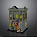 Detailed Miniature Shop Building Model With Red Door Golden Characters Green Tree And Lit Windows