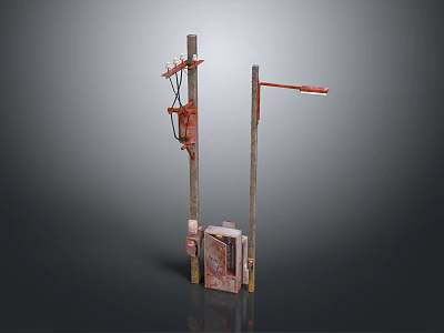 Vintage Mechanical Structure With Two Wooden Poles And Red Metal Components 3d model