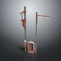Vintage Mechanical Structure With Two Wooden Poles And Red Metal Components