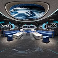 Modern Luxury KTV Room Interior With Blue Sofas Circular Ceiling And Lighting