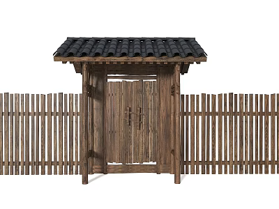 Wooden Fence With Traditional Wooden Gate And Tile Roof 3d model