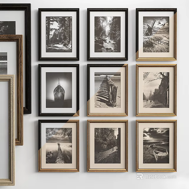 Abstract Black And White Landscape Paintings In Multiple Frames For Wall Decor 3d model