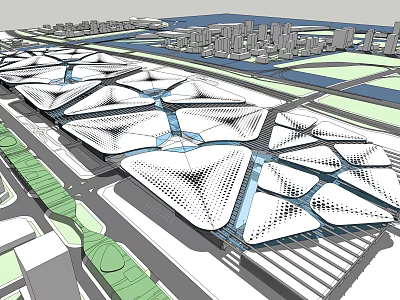 Modern Architectural Complex With Geometric Roof Design And Urban Surroundings 3d model