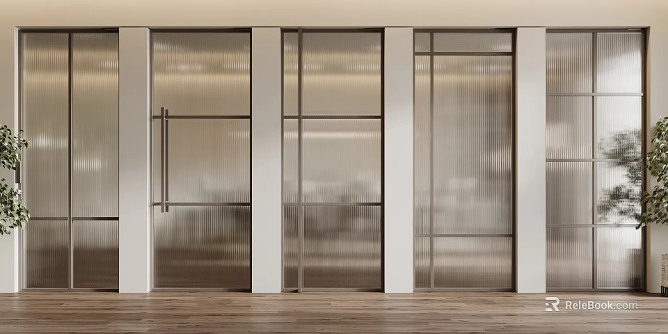 Modern Interior Sliding Doors With Ribbed Glass And White Frames On Wooden Floor 3d model 