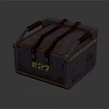 Dark Colored Industrial Metal Crate With Yellow Markings Number 27 And Handles