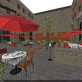 Stylish Outdoor Dining Furniture Setup With Red Umbrellas Tables Chairs Green Plants And Stone Walls