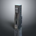Modern Industrial Dark Metal Pillar with Geometric Panels Vent Structures and Reflective Base