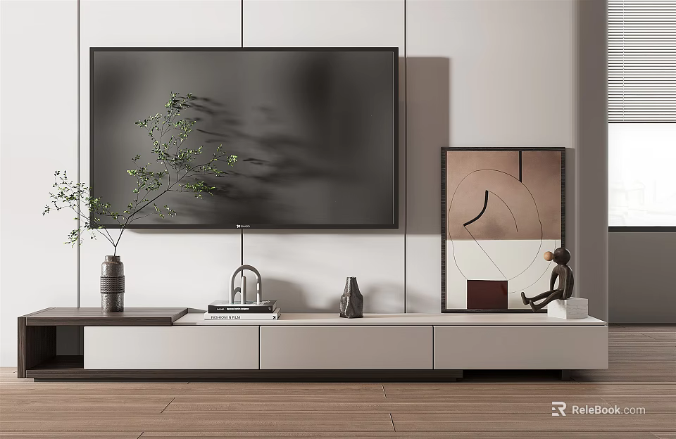 Modern TV Stand With Flat Screen TV Decorative Vase And Artwork On White Wall 3d model 