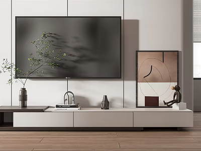 Modern TV Stand With Flat Screen TV Decorative Vase And Artwork On White Wall 3d model
