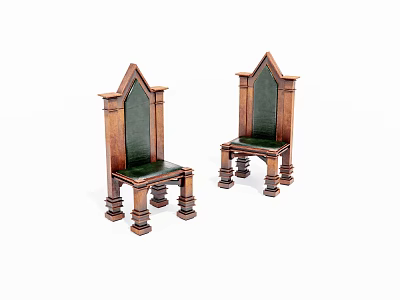 Wooden Chairs with Gothic Pointed Backrest Green Upholstered Seat and Carved Legs Design 3d model