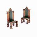 Wooden Chairs with Gothic Pointed Backrest Green Upholstered Seat and Carved Legs Design