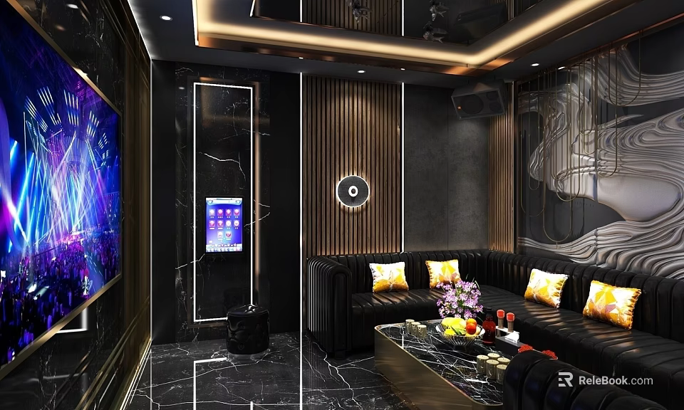 Luxurious KTV Room Interior With Large Screen Black Sofa Golden Decor And Marble Floor 3d model