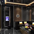 Luxurious KTV Room Interior With Large Screen Black Sofa Golden Decor And Marble Floor 3d model