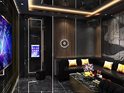 Luxurious KTV Room Interior With Large Screen Black Sofa Golden Decor And Marble Floor 3d model
