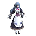 Woman in Black and White Maid Outfit with Long Blue Double Ponytails and Purple Bows