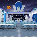 School Science Classroom With Starry Sky Theme Planet Decorations Blue Tables And Round Ceiling Lights 3d model