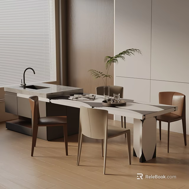 Modern Dining Table Set With White Top Beige Chairs And Green Plant In Kitchen Interior 3d model 