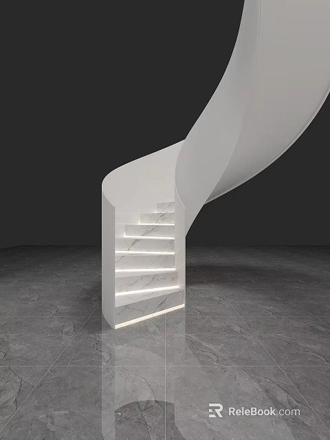 Modern White Spiral Staircase With Marble Steps Lighted Edges And Gray Stone Floor 3d model 